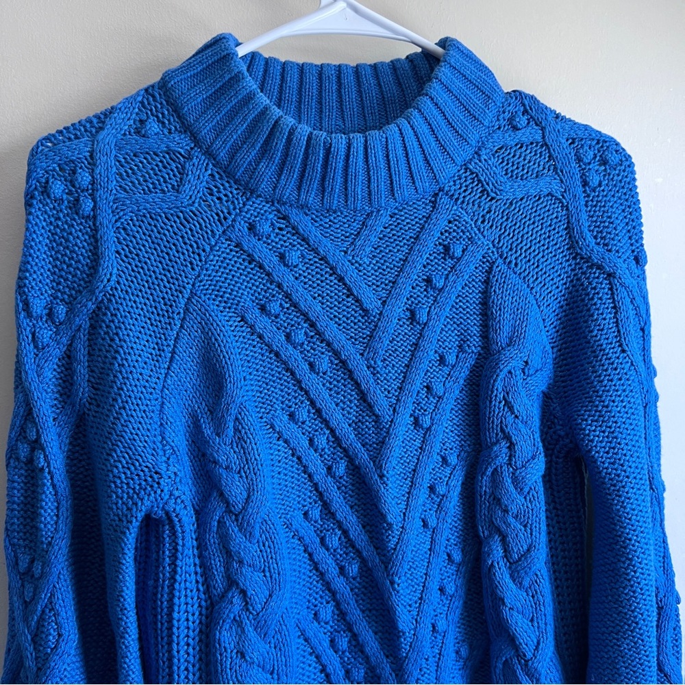 Loft Blue Stitch Cable Knit Chunky Pullover Mockneck Sweater - Picture 3 of 5
